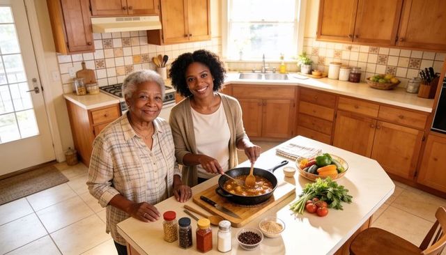 Grandmother and granddaughter stirring skillet preparing family meal in sunlit kitchen