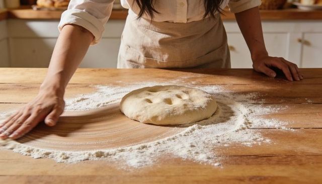 Hands Kneading Rustic Dough on Floured Wooden Countertop for Artisan Bread Baking
