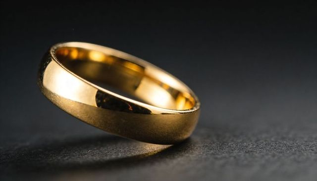 Polished Gold Wedding Band Resting on Dark Textured Surface, Warm Reflections