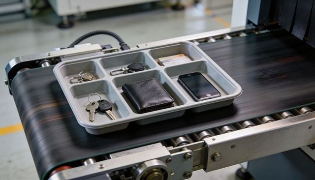 Personal Belongings Moving on Security Tray Through Conveyor for Screening and Inspection