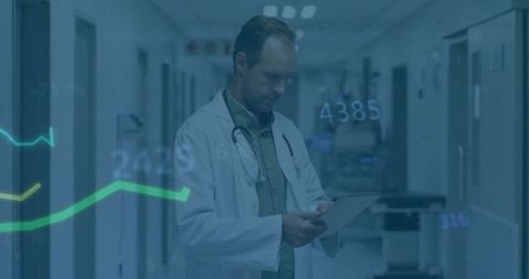 Doctor Analyzing Digital Healthcare Data on Tablet in Hospital Corridor
