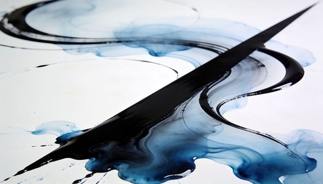Diagonal black ink stroke merging with blue fluid washes on white canvas, flowing glossy abstract