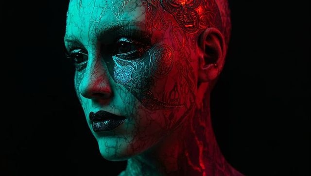 Surreal Portrait Featuring Lace Tattoo with Dramatic Lighting