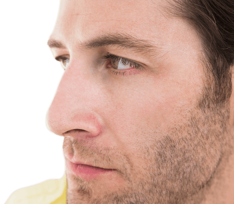 Transparent close-up of serious man looking focused