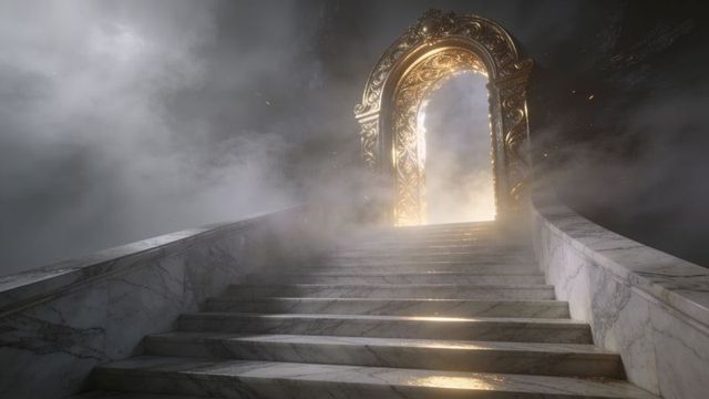 Ascending marble staircase leading toward ornate gilded archway with misty golden glow