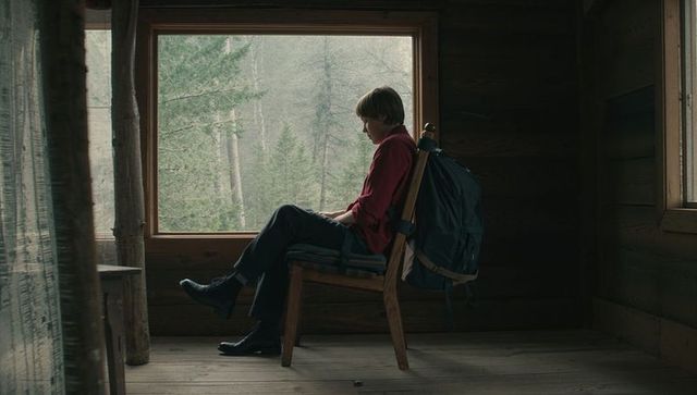 Teenager sitting in rustic cabin gazing at foggy pine forest with backpack