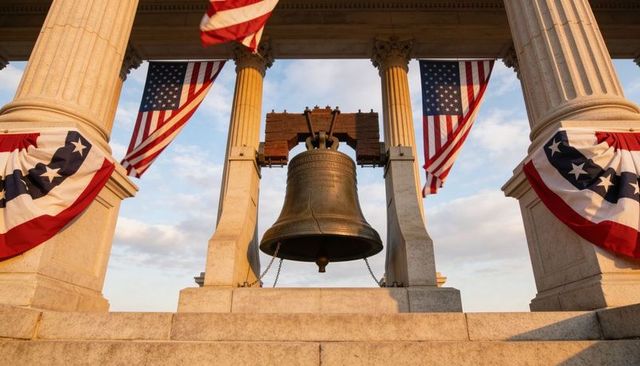 Swaying bronze liberty-style bell at sunlit neoclassical memorial pavilion with flags