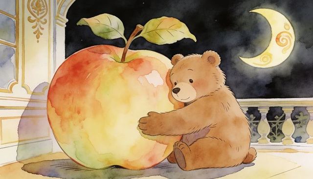 Teddy bear hugging giant apple on moonlit terrace watercolor nursery illustration dreamy