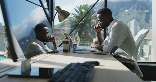 Businessman Working on Laptop in Modern Office with Scenic View - Download Free Stock Images Pikwizard.com