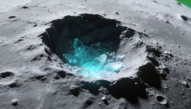Lunar crater revealing glowing cyan ice crystals in deep shadow