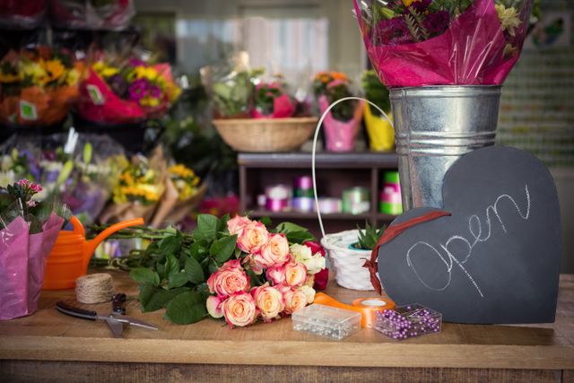 Open signboard on a wooden table at flower shop