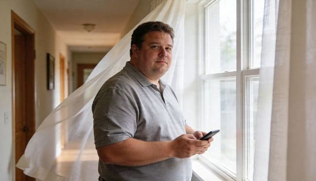 Standing contemplative man holding smartphone by sunlit window with flowing sheer curtains