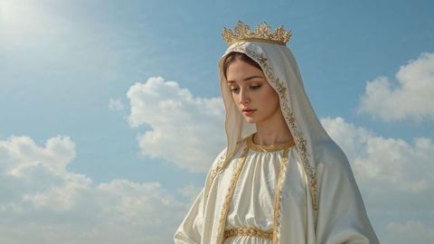Regal the virgin mary woman in gold-trimmed robe under clear blue sky