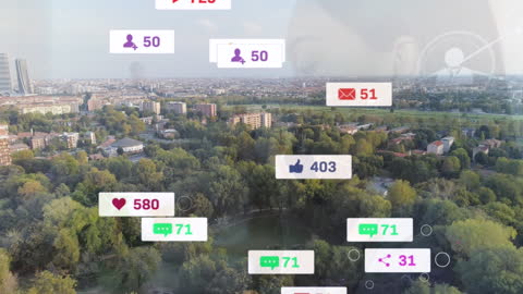 Network Connection Icons Overlaid on Urban Landscape