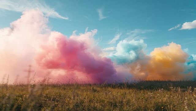 Vibrant Colored Smoke Plumes in Tranquil Grassland