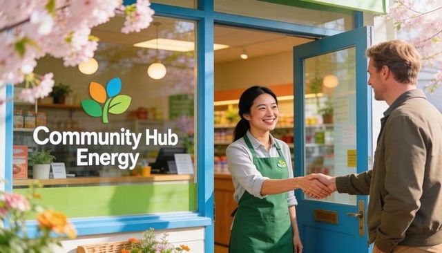Friendly retail worker shaking hands with customer at community hub energy storefront