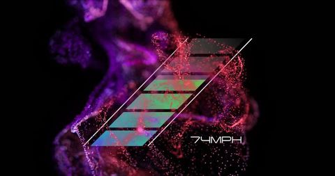 Floating neon diagonal logo with gradient parallelogram bars over magenta particle nebula
