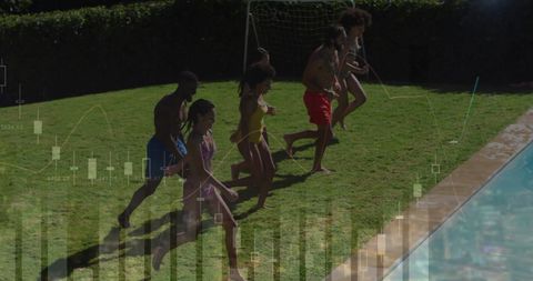 Friends Surged to Poolside Fun Amidst Data Overlay