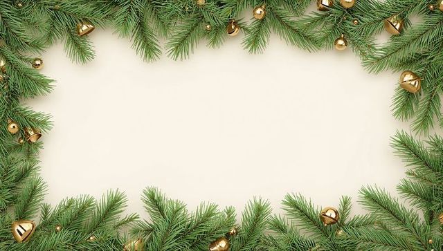 Creamy holiday fir frame with gold bells and baubles, rustic evergreen border flat lay