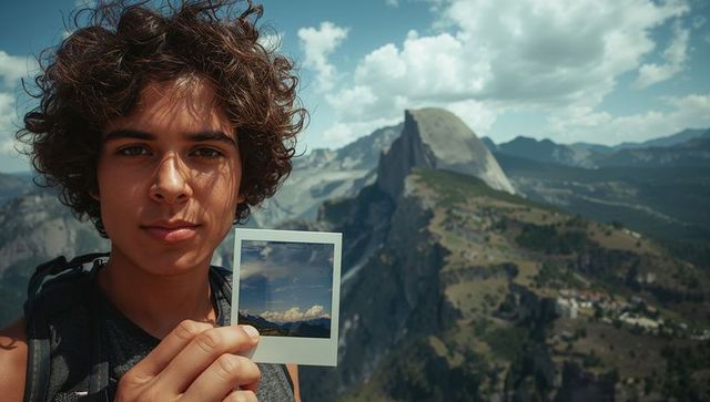 Hispanic Teen Hiker Holding Instant Photo at Scenic Overlook