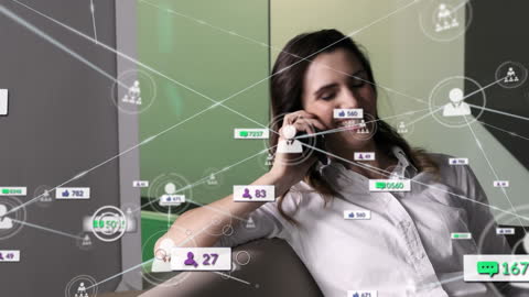 Woman Discussing Business Over Smartphone with Social Media Graphics