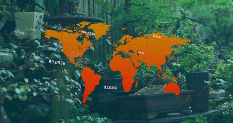 Orange World Map Overlay with Greenhouse Plants