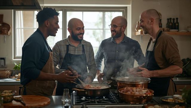 Friends cooking together at home kitchen island with copper pots and casual laughter