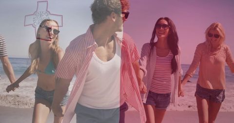 Group of Friends Enjoying Beach Vacation with Flag Overlay