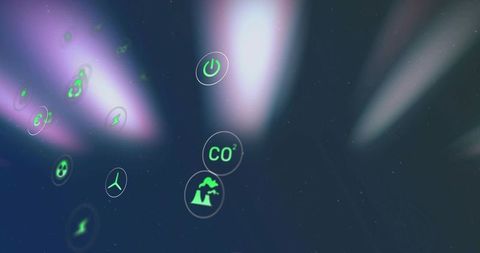 Glowing co2 emblem pulsing in futuristic energy interface, factory and wind turbine icons