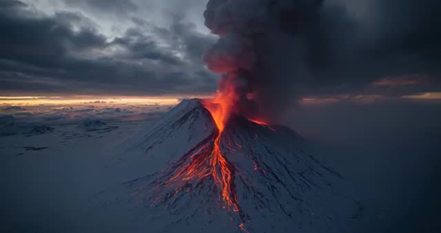 Majestic Volcano Erupts with Fiery Lava and Ash Plume