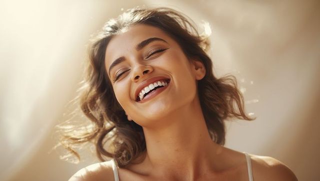 Radiant Woman Smiling in Warm Studio Light with Glamour