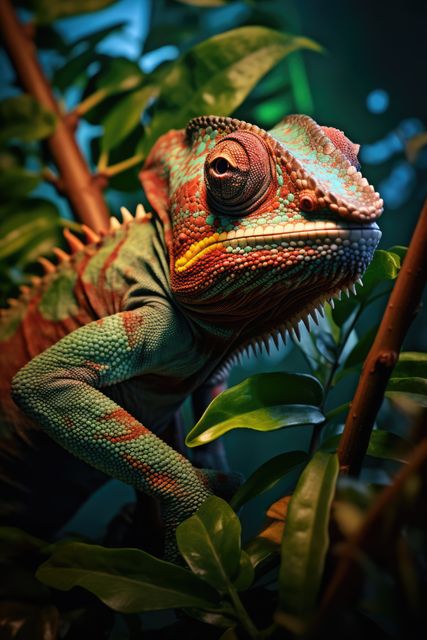 Colorful Chameleon Perched on Tree Branch in Lush Jungle - Download Free Stock Images Pikwizard.com