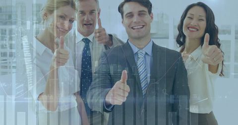 Business team giving thumbs up with financial charts overlay for corporate success
