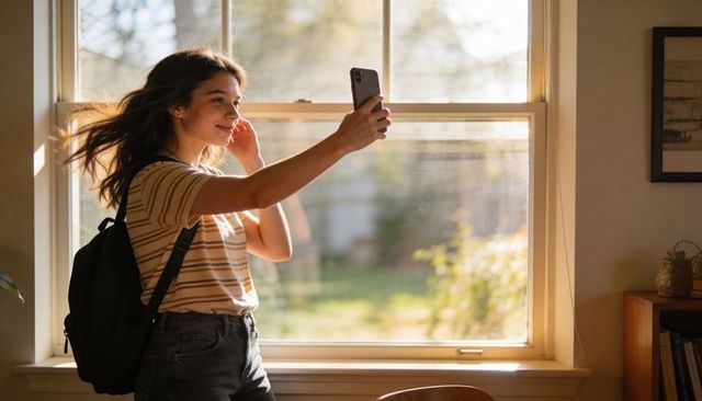 Backlit teen girl taking selfie by window wearing striped tee and backpack in sunlight