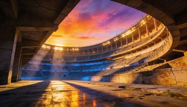 Empty stadium bowl at sunset with floodlights, wet cracked concrete and dramatic reflections