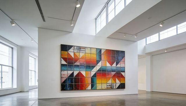 Abstract geometric colorblock painting on white wall in minimalist gallery with skylights