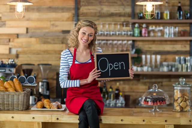 Portrait of smiling waitress sitting with open signboard in cafÃ©
