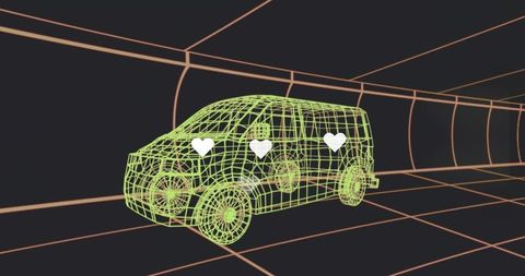 Neon Wireframe Van Moving Through Futuristic Orange Grid Tunnel with Floating Hearts