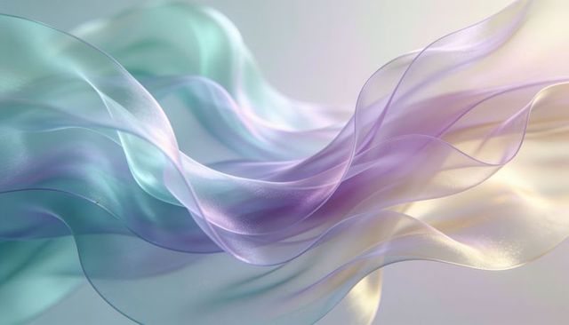 Ethereal pastel silk ribbons flowing in soft gradient waves, translucent chiffon layers