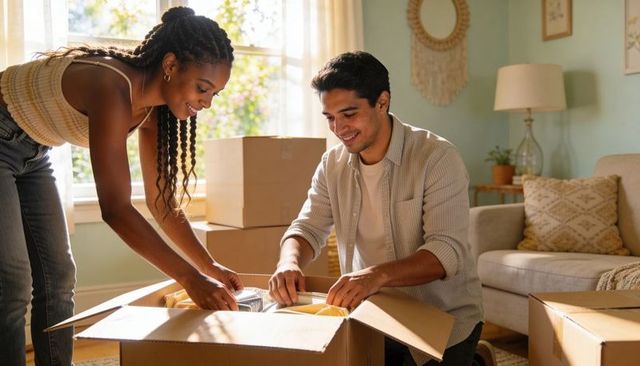 Young couple packing moving boxes in sunlit cozy living room, unpacking together