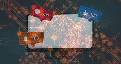 Smartphone displaying notifications on futuristic circuit board interface