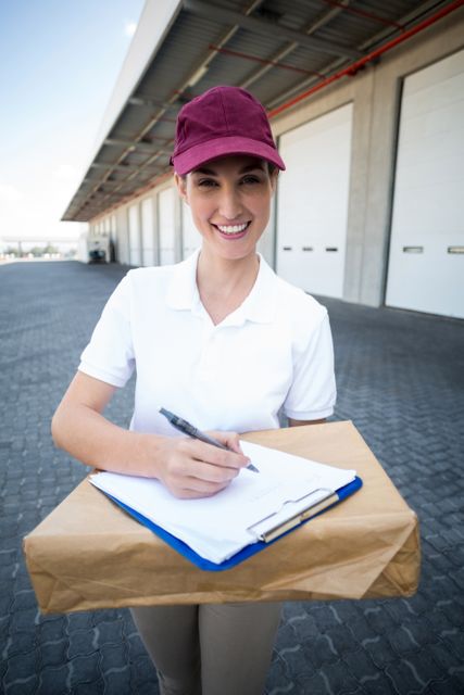 Smiling delivery woman holding a clipboard and parcel outside a warehouse. Ideal for illustrating logistics, shipping services, courier companies, and professional delivery services. Can be used in marketing materials, websites, and advertisements related to transportation and logistics.