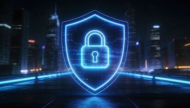 Neon Holographic Shield Protecting Digital Network, Padlock Cybersecurity Encryption Concept