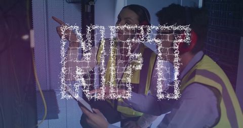 Data Processing in Server Room with Digital NFT Overlay