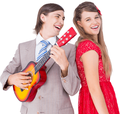 Joyful Hipster Couple Playing Guitar on Transparent Background