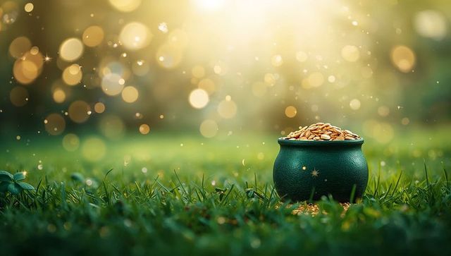 Green cauldron resting on dewy grass spilling gold coins with bokeh sunlight