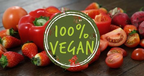 100% Vegan Fresh Produce Highlighting Strawberries and Bell Peppers
