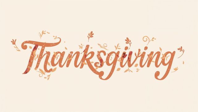 Hand-lettered thanksgiving script with autumn leaf flourishes on minimal cream background