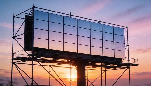 Reflective billboard structure glowing at sunset with steel scaffold and glass panels
