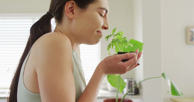 Happy caucasian woman holding and smelling clump of ground with plant of basil. Spending quality time at home concept.